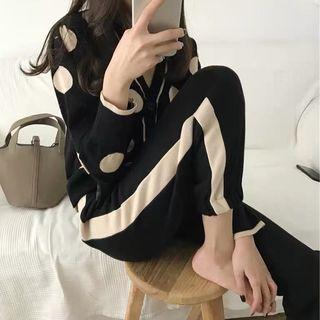 Dotted V-neck Cardigan / Striped Cropped Harem Pants