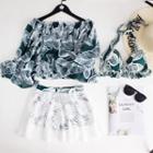 Set: Leaf Print Halter-neck Bikini Top + Flower Print Swim Skirt + Cover Up