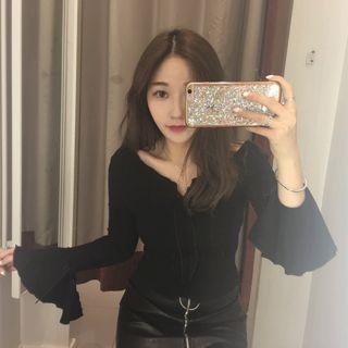 Flared Long-sleeve V-neck Top