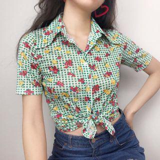 Lapel Plaid Floral Short-sleeve Shirt
