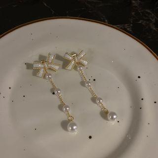 Sterling Silver Ribbon Faux Pearl Drop Earring 1 Pair - White - One Size