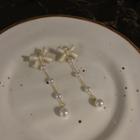 Sterling Silver Ribbon Faux Pearl Drop Earring 1 Pair - White - One Size