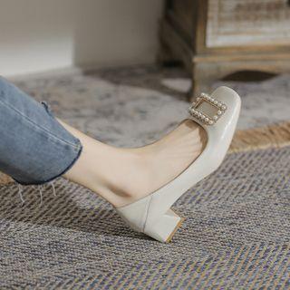 Genuine Leather Beaded Low-heel Pumps