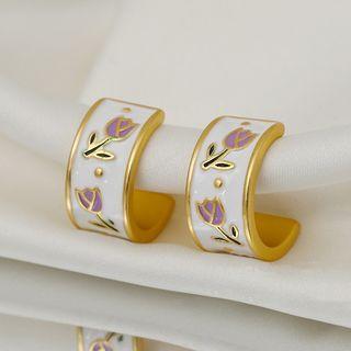 Floral Half-hoop Earring 1 Pair - Gold & White & Purple & Black - One Size