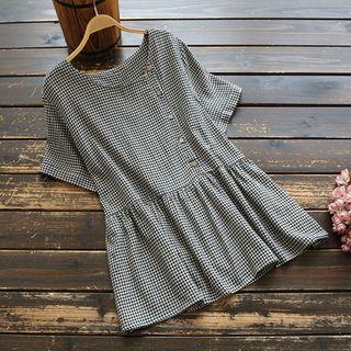 Short-sleeve Buttoned Checker Top