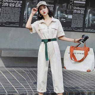 Short-sleeve Lettering Jumpsuit With Belt