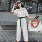 Short-sleeve Lettering Jumpsuit With Belt