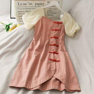 Chiffon-panel Frog-button Checker Qipao Dress