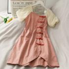 Chiffon-panel Frog-button Checker Qipao Dress