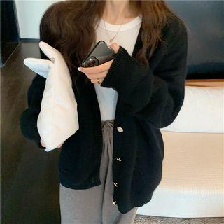 Plain Loose-fit Cardigan Black - One Size