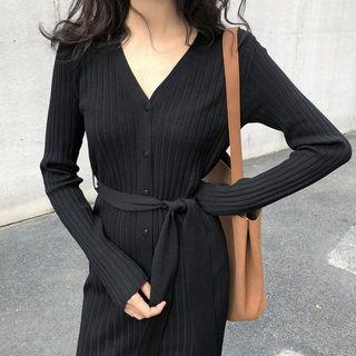 Buttoned Midi Knit Dress With Sash