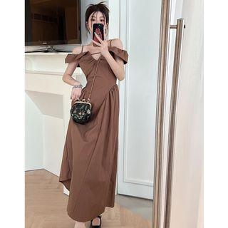 Cold-shoulder Plain Slim-fit Midi Dress