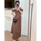 Cold-shoulder Plain Slim-fit Midi Dress