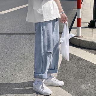 Lettering Distressed Straight-cut Cropped Jeans