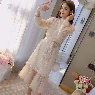 Long-sleeve Midi Lace Dress With Sash