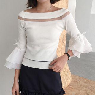 Off-shoulder Stripe 3/4-sleeve Top