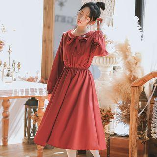Long-sleeve Embroidered Midi A-line Collared Dress