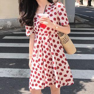 High-waist Short-sleeve V-neck Dot Print Midi Dress