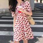 High-waist Short-sleeve V-neck Dot Print Midi Dress