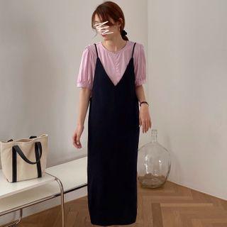 Elbow-sleeve Blouse / Maxi A-line Pinafore Dress