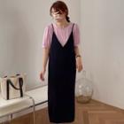 Elbow-sleeve Blouse / Maxi A-line Pinafore Dress