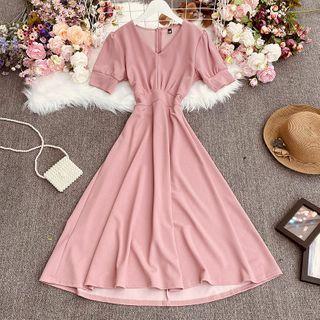Short-sleeve V-neck Midi A-line Dress Pink - One Size