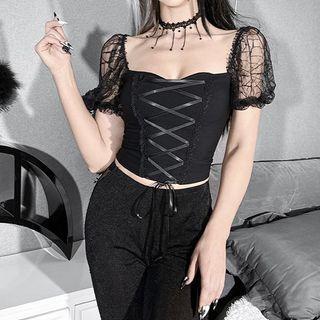 Short-sleeve Lace Panel Square-neck T-shirt