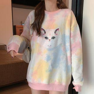 Cat Print Tie-dyed Pullover