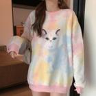 Cat Print Tie-dyed Pullover
