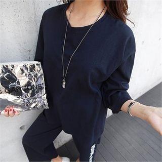 Set: Lettering-trim T-shirt + Sweatpants