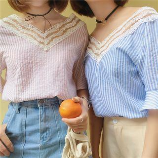 Lace Panel Striped Elbow Sleeve Top