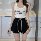 Lace-up Lettering Tank Top / High-waist Drawstring Wide-leg Sweat Shorts