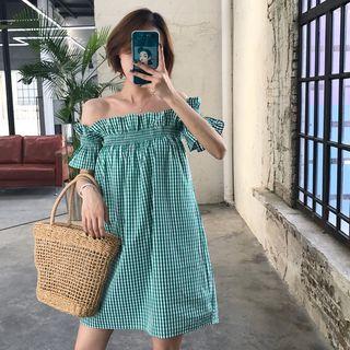 Short-sleeve Off Shoulder Plaid Dress
