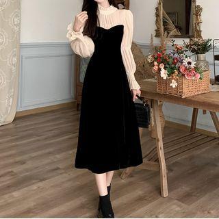 Puff-sleeve Mock Two-piece Velvet Mid Dress