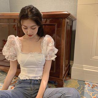 Short-sleeve Square Neck Lace Panel Top