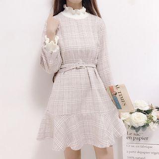 Mock-turtleneck Ruffled Long-sleeve Plaid A-line Dress As Shown In Figure - One Size