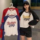Letter Printed Color Block Cutout Long-sleeve T-shirt