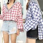 Loose-fit Sailor Collar Hooded Plaid Top