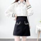 Set: Long-sleeve Lace Shirt + Contrast Trim A-line Mini Skirt