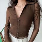 Long-sleeve Button-up Mesh Top