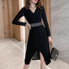 V-neck Long-sleeve Slit Sheath Dress