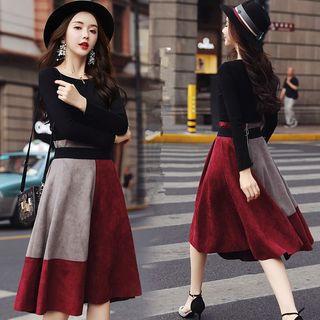 Set: Plain Long-sleeve T-shirt + Color Block A-line Skirt