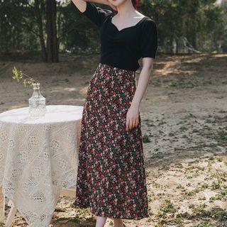 Set: Short-sleeve Shirred Knit Top + Floral Print Midi A-line Skirt