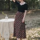 Set: Short-sleeve Shirred Knit Top + Floral Print Midi A-line Skirt