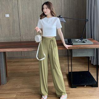 Plain T-shirt & Plain Strappy Wide-leg Pants