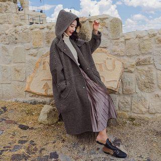 Long Hooded Buttoned Plaid Coat