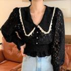Long-sleeve Lace Button-up Blouse Black - One Size