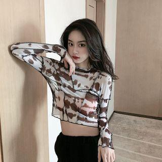 Long-sleeve Printed Top Brown & Beige - One Size