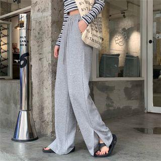 Elastic-waist Split Pants Gray - One Size