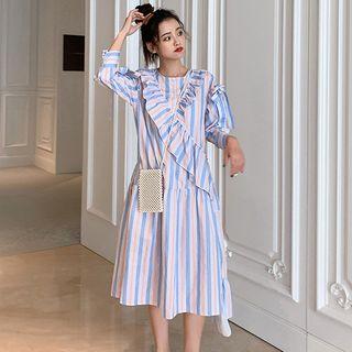 Striped Ruffle Trim Long-sleeve Midi Dress